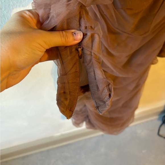 ANAIS CHESTNUT TULLE OFF SHOULDER RUCHED DRESS - Picture 5 of 8